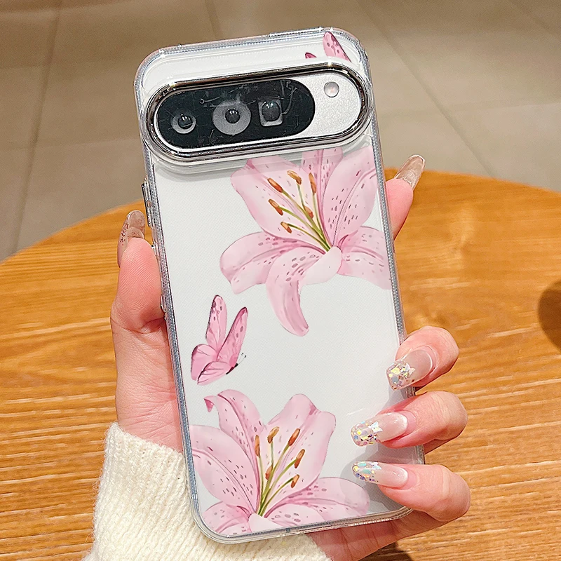 Rosa Lilien-Blumen-Handyhülle für Google Pixel 10 9 8 7 Pro Pixel 9 10 Pro XL 7A 8A 9A Stoßfeste Transparente TPU Weiche Rückseite
