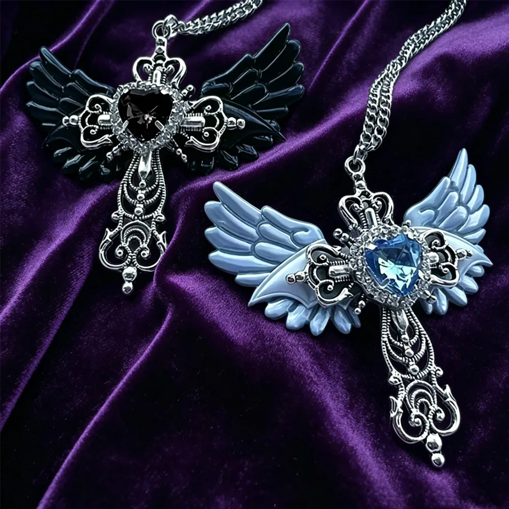 Y2K Inspired Gothic Wings and Cross Pendant Punk Choker Necklace, Heart Shaped Faux Zirconia - Valentine's Day Gift