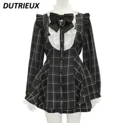 Sweet Outfits SC Suit camicia a maniche lunghe scozzese da miniera giapponese Love Heart Bow Tie Chain Set di vestiti e Culottes prodotti in serie