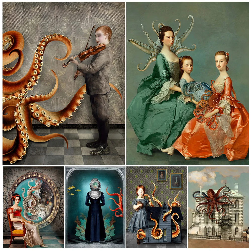

Aquatic Family Nautical Octopus Squid Vintage Wall Art Canvas Painting Octopus Jellyfish Kraken Fantasy Art Poster Print Decor