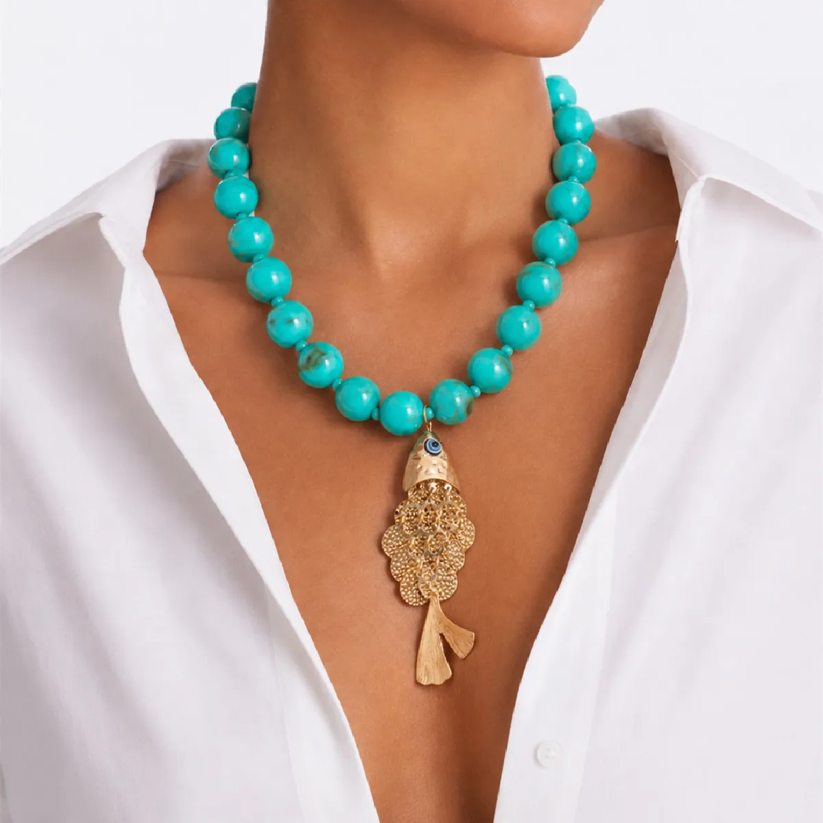 Ingemark Bohemia Blue Acrylic Rounds Beaded Chokers Necklace Women Trendy Adjustable Copper Lucky Fish Pendent Necklace Jewelry