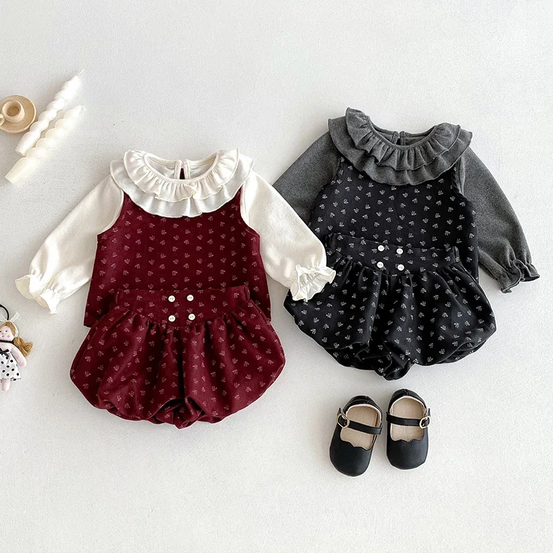 2025 New Autumn 0-3Yrs Newborn Baby Girls Clothing Set Long Sleeved Cotton T-shirt+Vest+Shorts 3Pcs Children Clothes Suit