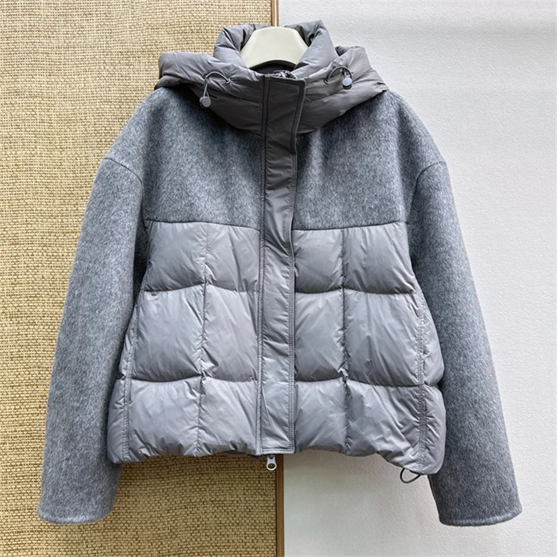 women's down jacket 2026 Winter New Color Contrast Splicing Hooded Women's down coat White duck down filled warm thick coat y2k