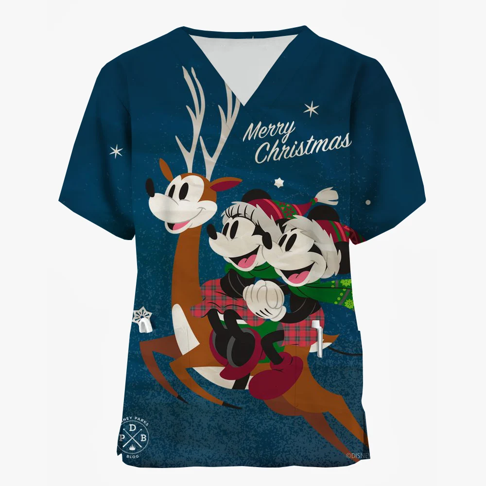 T-shirt uniforme da infermiera per la cura delle donne Disney Mickey Mouse Minnie print Christmas Printed manica corta Holiday Pattern Workwear Blous