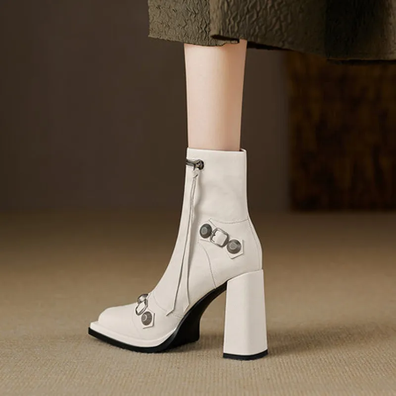 Women Split Leather Platform Ankle Boots Square Toe Metal Buckle Rivet 9.5CM Chunky Heel Side Zipper Pigskin Lining Fleece F177