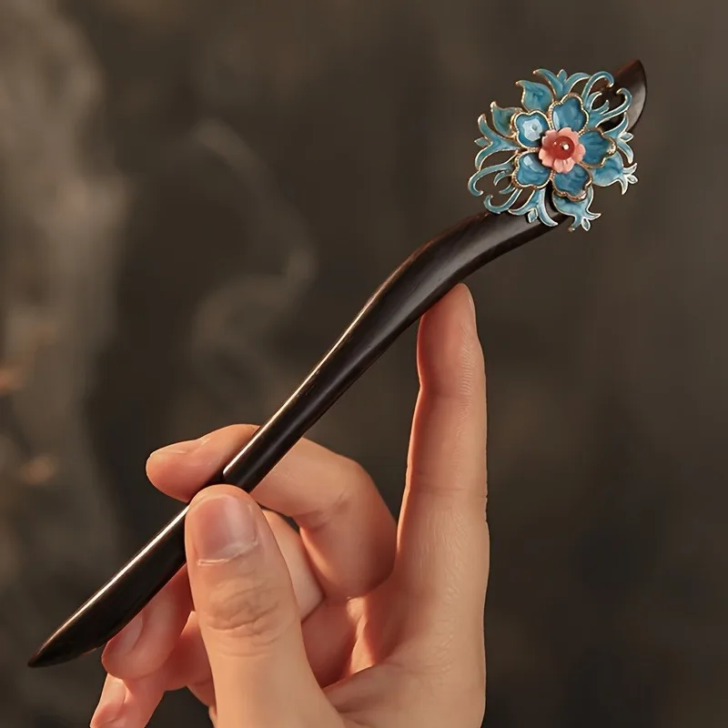 New Chinese Traditional Exquisite Blue Flower Wood Hairpin Ancient Style and High Grade Hanfu Hair Accessories Gift Preferred