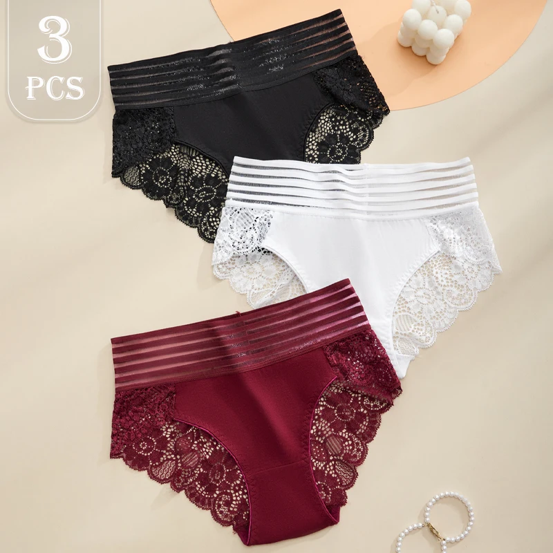 3PCS Plus Größe Frauen Unterwäsche Hohe Taille Slips Sexy Spitze Höschen Weiche Atmungsaktive Komfortable Einfarbig Unterhose