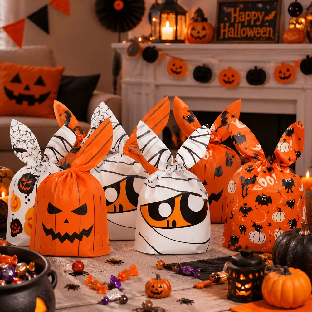 80 Pcs Halloween Bunny Ear Drawstring Candy Bags Pumpkin Mummy Bat Spider Treat Bags for Holiday Party Favor Gift Packaging