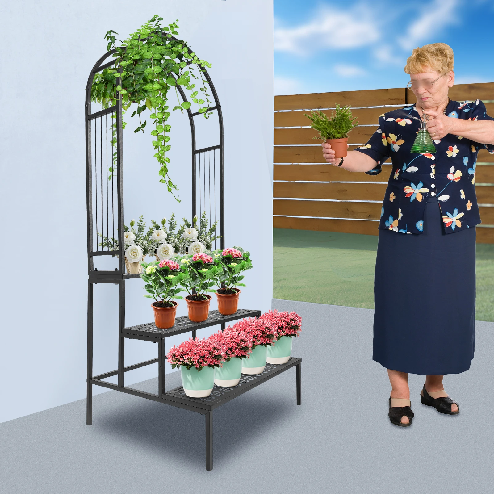 حامل نباتي من 3 طبقات مع حامل وعاء زهور على شكل قوس للحديقة رف عرض رف عرض أربور للحديقة لنباتات التسلق في الداخل/الخارج #2