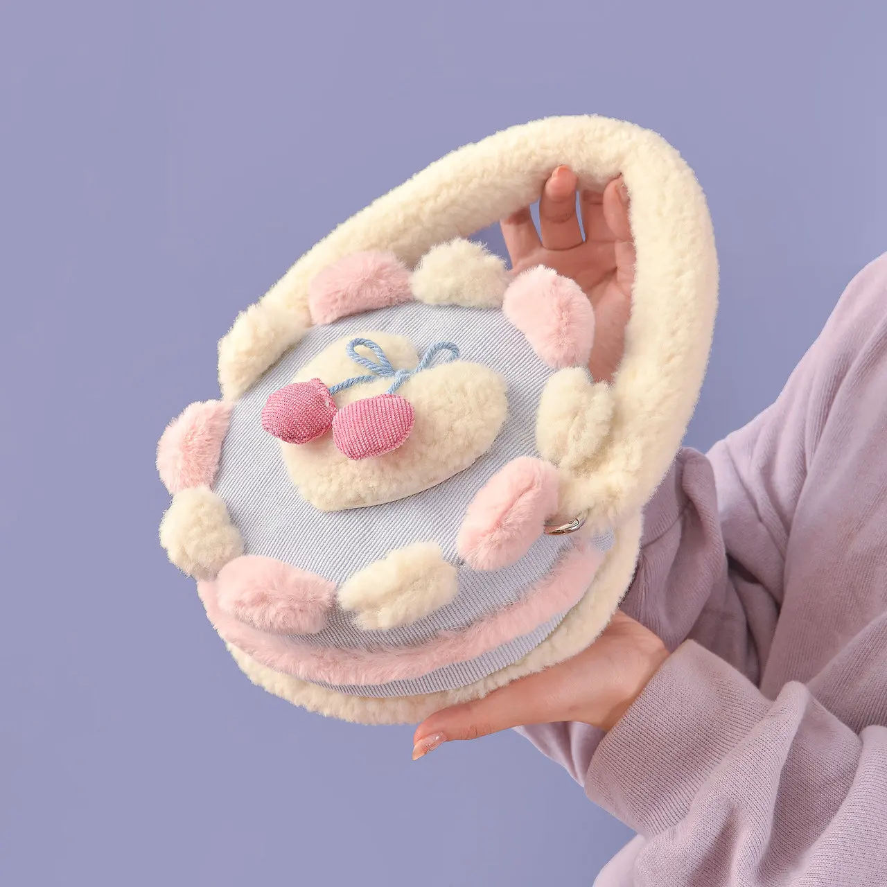 2026 New Original Cute Cake Plush Handbag Women Sweet Lovely Round Crossbody Bag With Pearl Chain