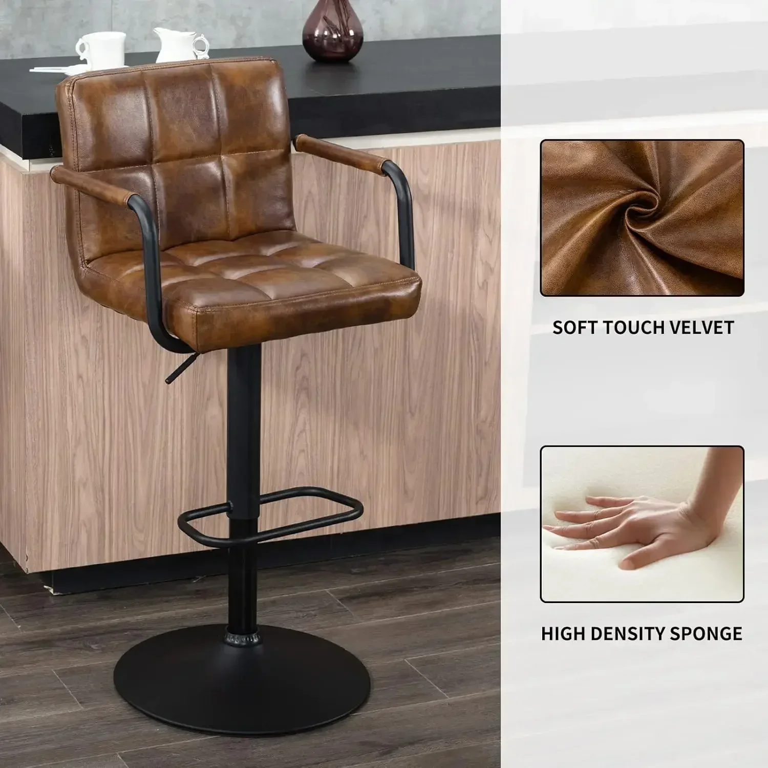 Adjustable Bar Stool Swivel Barstools Set of 4 Counter Stools with Armrest and Footrest Upholstered Bar Chairs