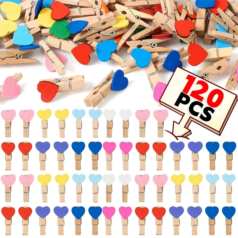 12-120Pcs Valentine's Day Mini Wooden Colored Clip Heart-Shaped Memo Paper Photo Peg Clothespin DIY Wedding Party Craft Decor