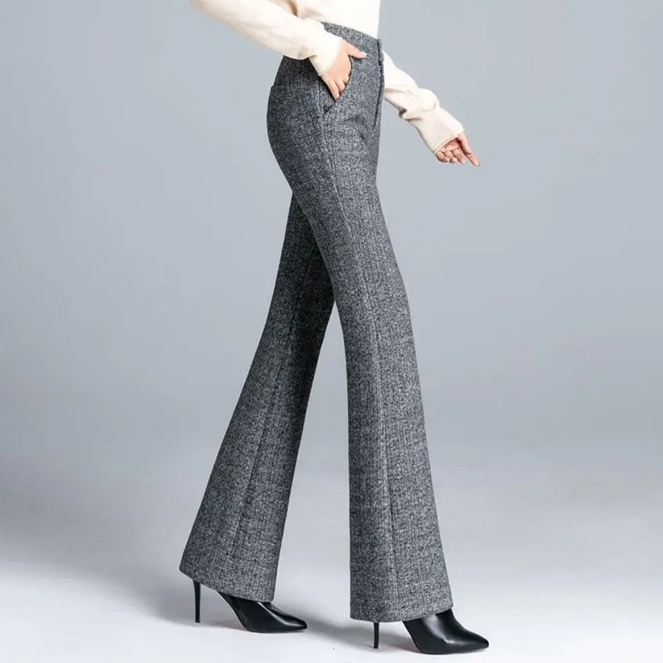 

New Fashion Women Pants Elegant High Waist Flare Pants for Women Casual Office Lady Straight Long Trousers Womens Wool Pants X12