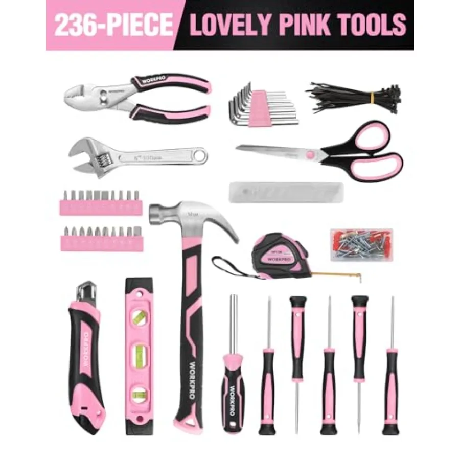Kit di attrezzi rosa Set di attrezzi rosa da 236 pezzi con custodia rotonda facile da trasportare per progetti fai da te e manutenzione domestica Compatto e portatile