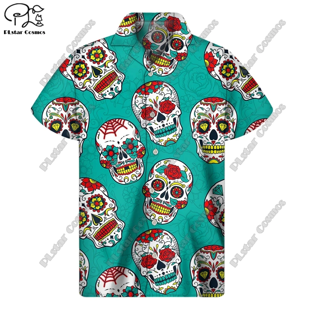 PLstar Cosmos impressão 3D 2023 camisa dos homens de verão novo camisa de manga curta horror caveira rua solta 5XL camisa de design série 5