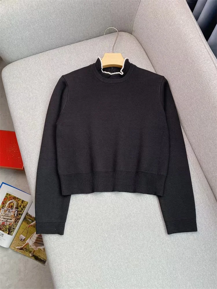 

Autumn Winter New Fashion Contrast Color Lace Collar Sweater Pullover Women Simple Temperament Long Sleeve Knit Tops Ladies