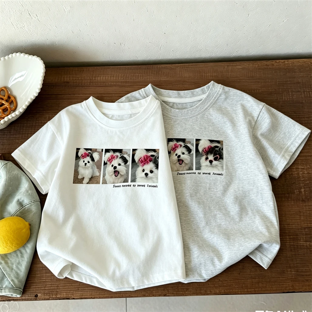 Cartoon Cat TShirt Short-sleeved Tops 1-7Years Old Girls Cute Printed T Shirt Simple All-match Base Shirt Toddler New Design T