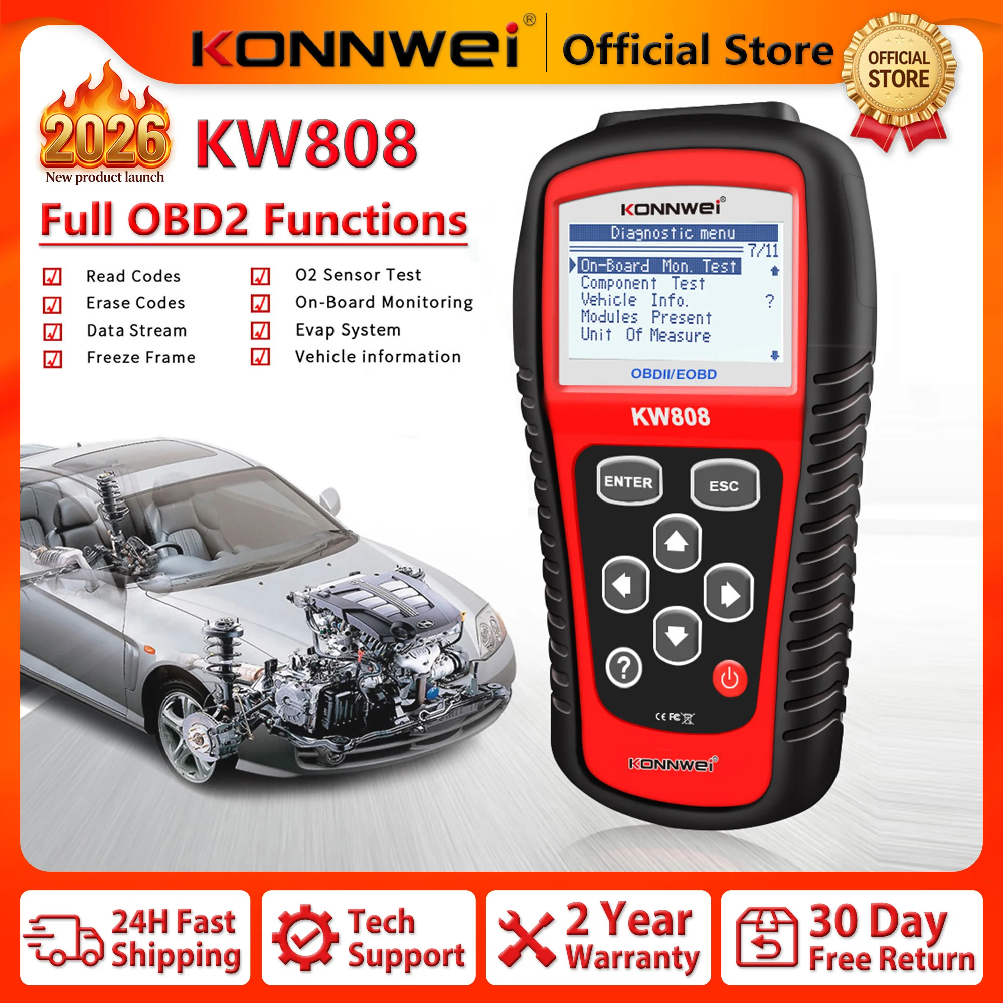 2026 KONNWEI KW808 Professional Car OBD2 Scanner OBDII Automotive Diagnostic Scanner Tool Engine Fault Code Reader Car OBD Tool