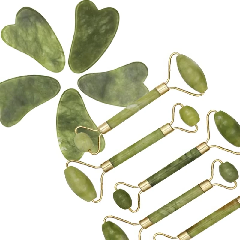 Rosto microniddle rolo gua sha 2 pçs/set massageador natural para rosto guache raspador rosto massageador jade rolo guasha raspador