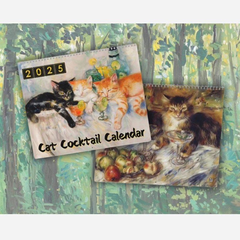 A23F-2025 Kalender Koktail Kucing 2025 Kalender Dinding Jam Meow-Tail - Catart, Hadiah untuk Pecinta Kucing, Kalender Natal
