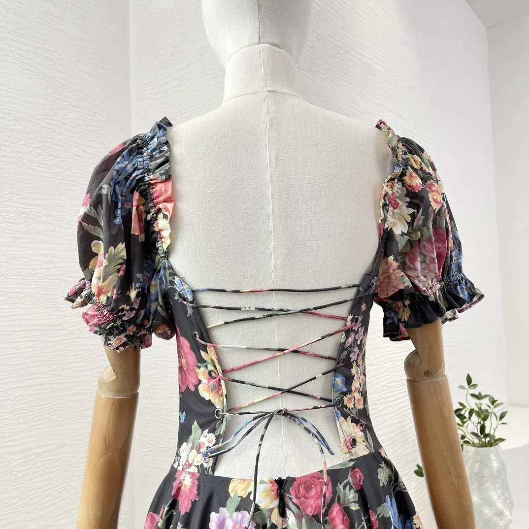 2024 Women Vintage Summer Poplin Black Short Sleeve Floral Print Ruffles Cross Tie Backless Midi Dress