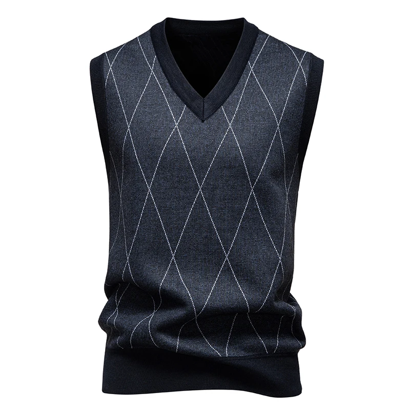 

Autumn Winter Slim Fit Knit Vests Men V-Neck Solid Color Smart Casual Knitted Waistcoat Mens Geometric Sleeveless Knit Vest
