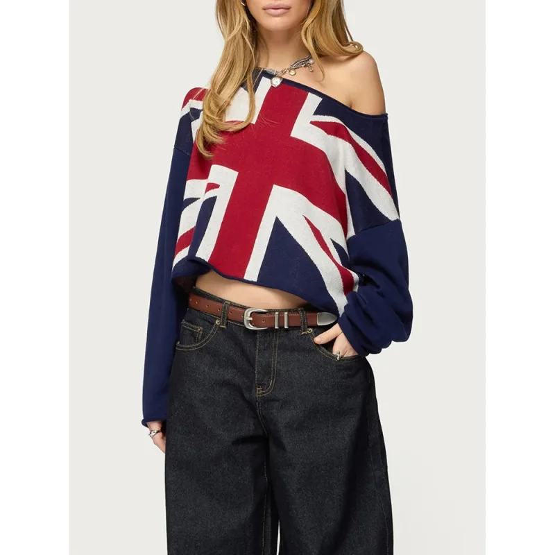 2026 American Retro Union Jack Short Sweater Women's Loose Lazy Slouchy Off-Shoulder Flirty Knit Pullover Top