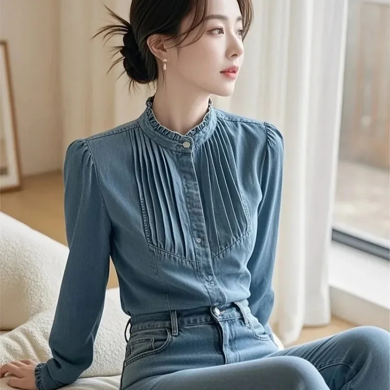 

2025 New Korean Fashion Retro Spring Autumn Denim Shirts Women Casual All-Match Long Sleeve Loose Ladies Cowgirl Blouse Top