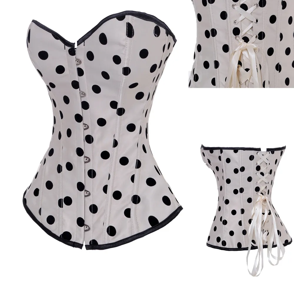 Women\'s Bodice Corset Satin Sexy Polka Dot Bustier Goth Lace Up Boned Gorset Lingerie Top Shapewear Corselet Burlesque Clubwear