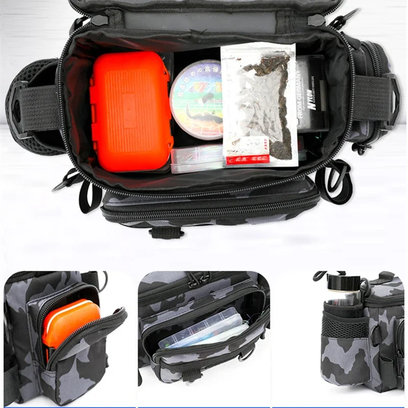 Schwarze Angelgerät-Umhängetasche zur Aufbewahrung der Hüfttasche, Outdoor-Sporttasche mit Angelrutenhalter – Detail 4