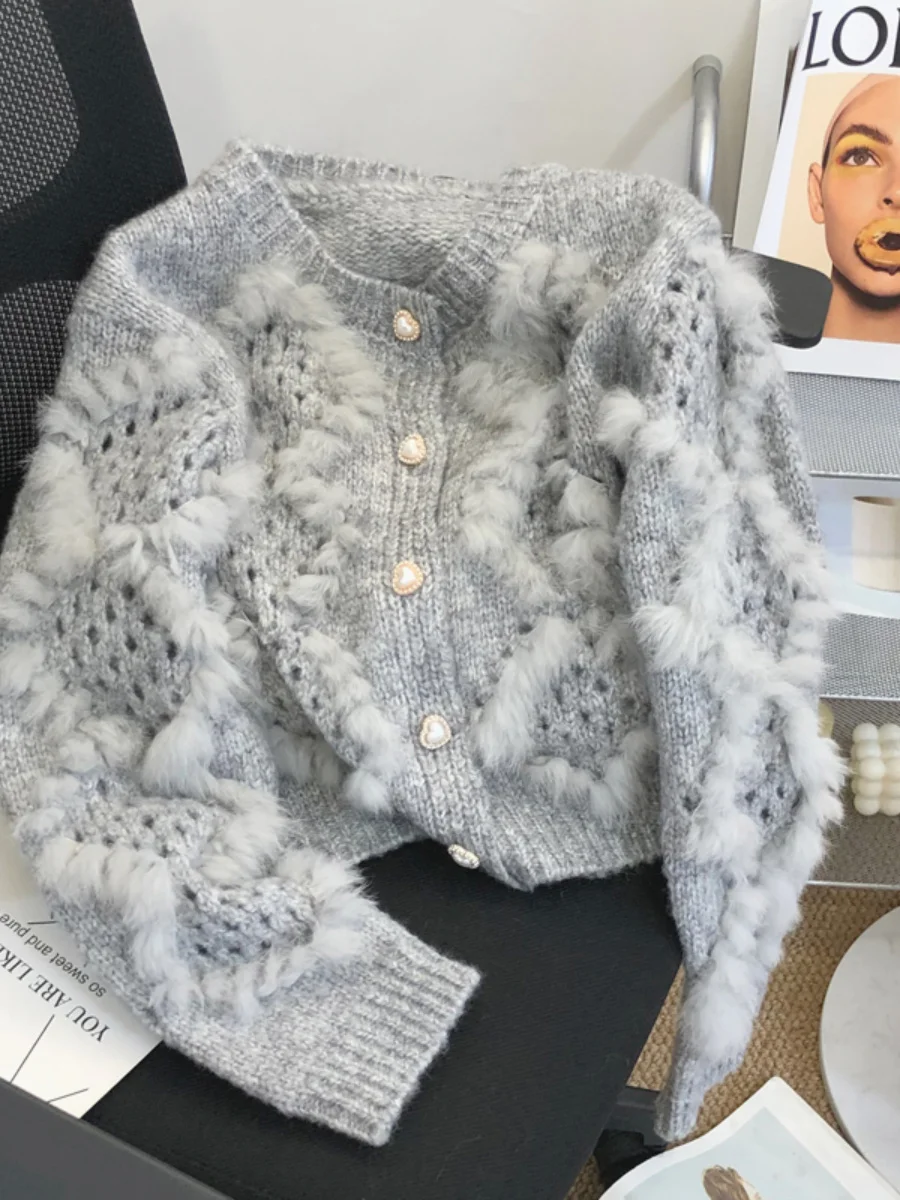 Autumn Winter 2023 New Hollow Out White Knitted Cardigan Women Trendy Round Neck Long Sleeve Single Breasted Furry Sweater Top