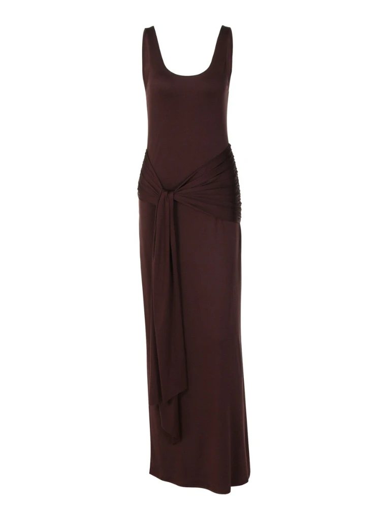 SsTss エレガントな U ネック ノースリーブ ボディコン ロングドレス レディース ソリッドカラー リボン タイアップ シャーリング スリム マキシドレス デートナイトパーティー用