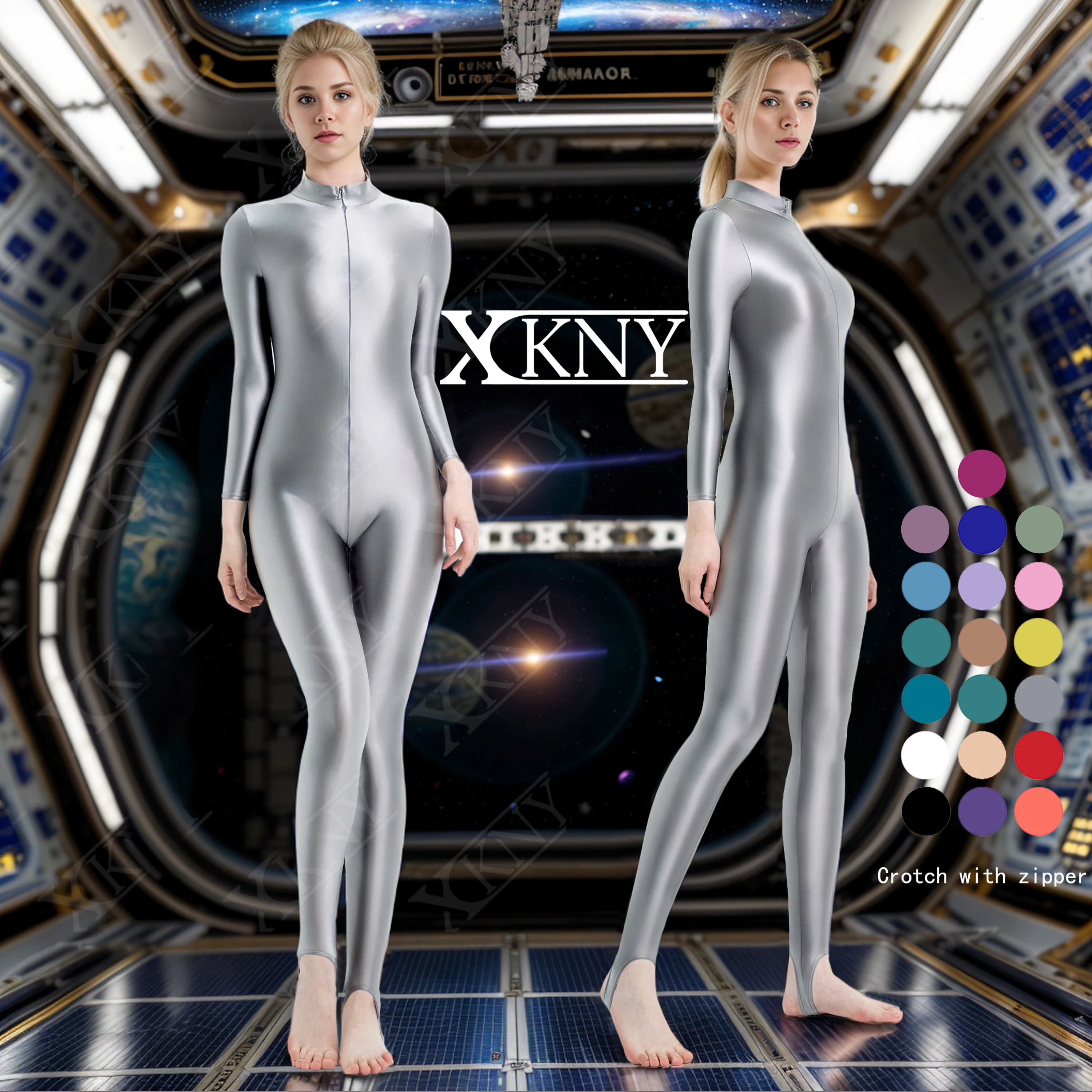 

XCKNY sexy Shiny Bodysuit Tight-fitting Oil Smooth Long Zipper Overalls Yoga Zentai Suits Casual Sport Tights Catsuit Jumpsuits