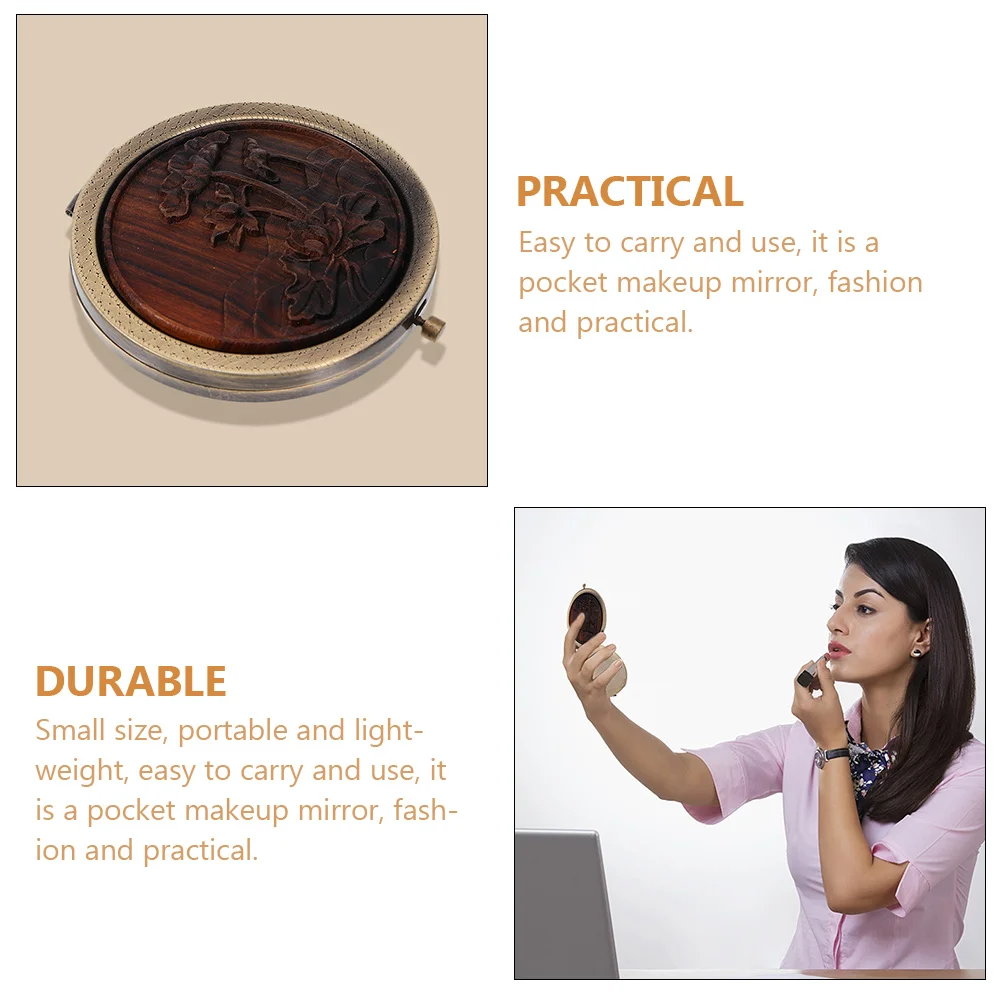 2 레트로 화장대 거울 작은 손 여행 나무 소형 빈티지 양면 메이크업 거울 포켓 지갑 경량 휴대용