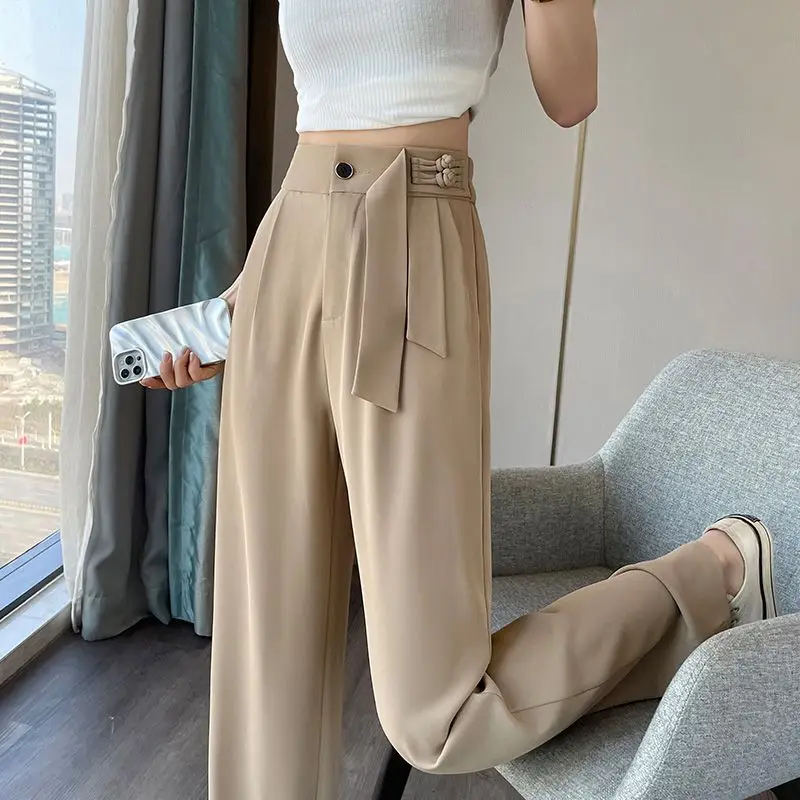 Suit pants women's spring and summer high waist buckle drape extended Joker straight loose casual wide-leg pants.