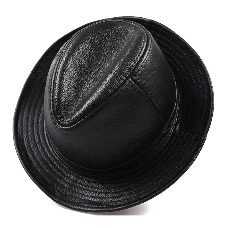 New 2024 Man High Quality Genuine Leather Cowhide Fedora Gentleman Cow Skin Short Brim Black/Brown Top Hat Male Shows