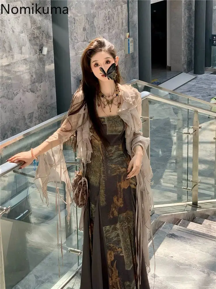 Dress Suit 2 Piece Sets Womens Outfits Irregular Ruffles Gauze Shirt Tunic Vintage Floral Maxi Dresses Suit Fashion Summer Set