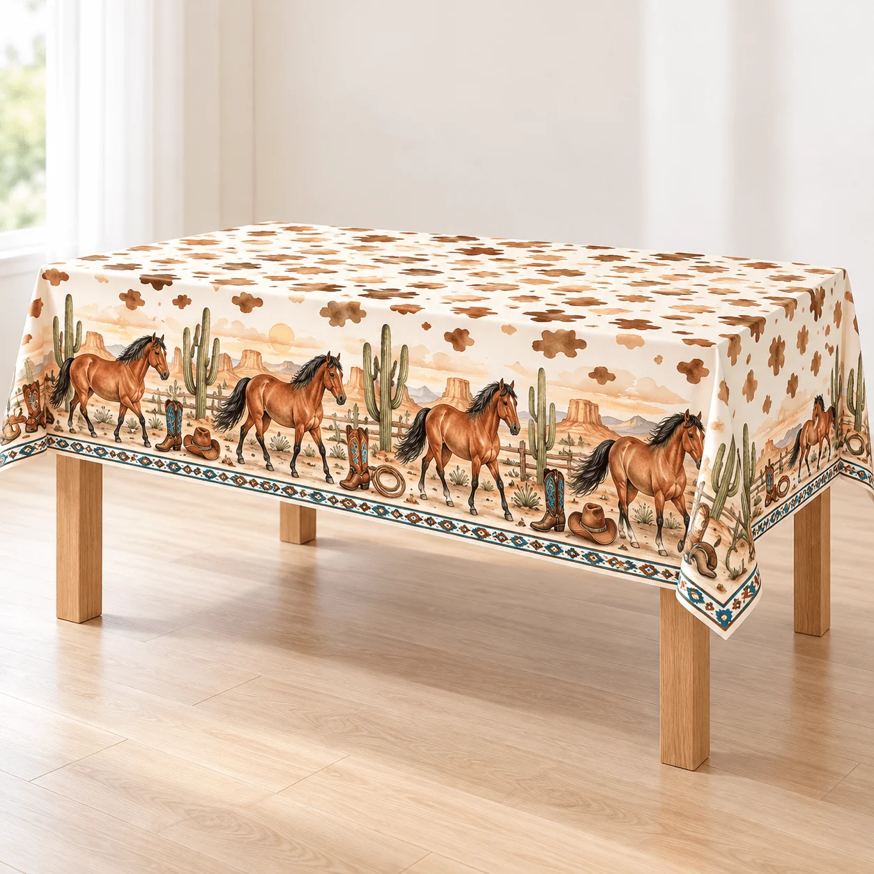 1 square tablecloth for a western cowboy atmosphere! Horse, cactus, cowboy boots and brown and white markings
