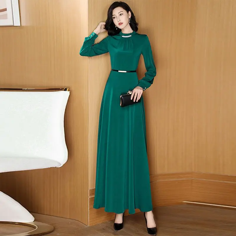 Women Spring Long Sleeved Waist Cinching Slim Over Knee Fashion Temperament High-end Long Style Big Swing Long Sleeves Dresses