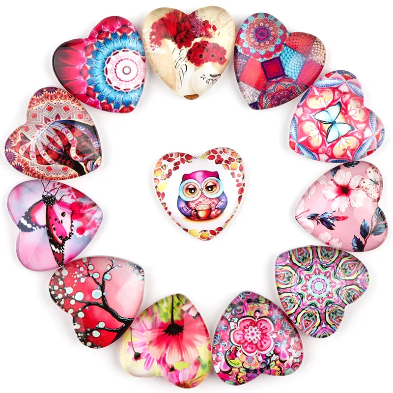 10 teile/los Rote Blume Tier Muster Glas Cabochon Herz Form Cabochon Für DIY Schmuck Machen Armbänder Anhänger Ring Liefert