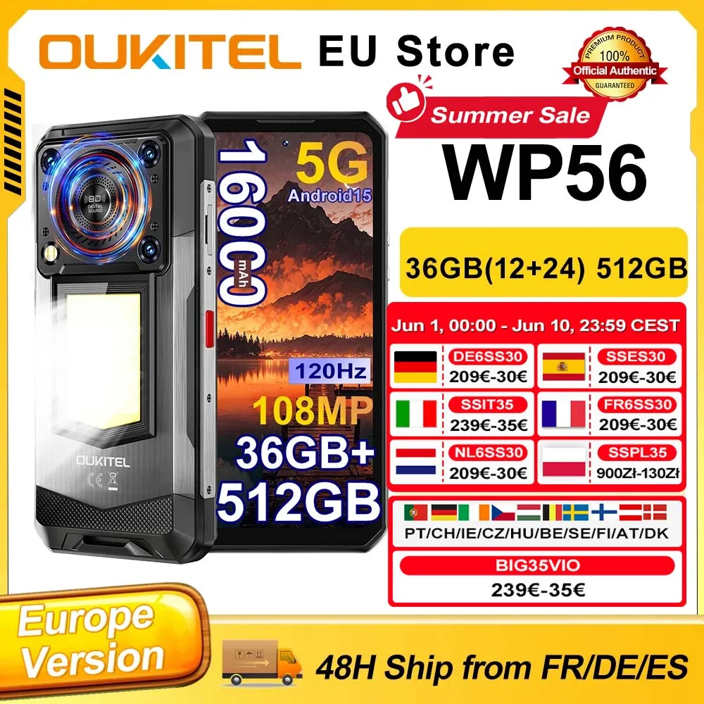 Smartphone OUKITEL WP56 Android 15 36 Go (12+24) 512 Go 16 000 mAh 45 W Lampe de camping 6,8 pouces FHD 120 Hz 128 dB Haut-parleur 108 MP 5G Téléphone portable