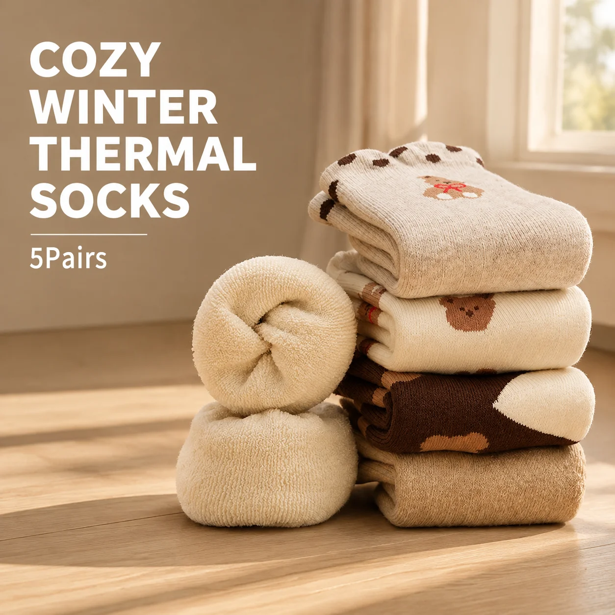 5 Pairs Kids Winter Thermal Terry Socks Cute Bear Thick Warm Mid Tube Socks Boys Girls 1-14Y Soft Seamless Toe Socks