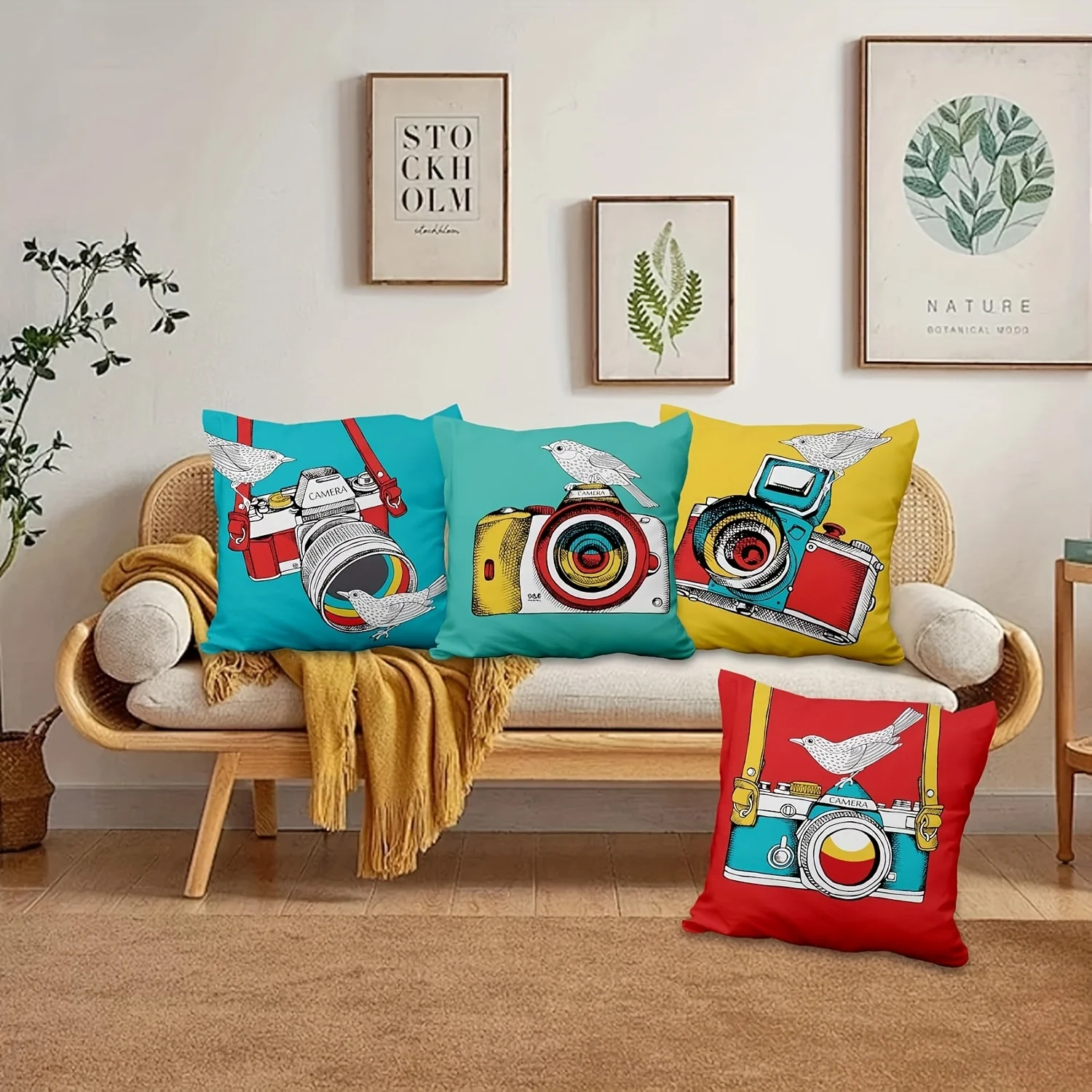 4pc Cartoon camera and sparrow Single-sided printing Short plush Suitable living rooms bedrooms sofas (excluding pillow cores)