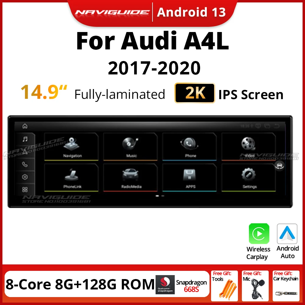 NAVIGUIDE 14.9''10.25'' Android 14 Car Multimedia Video Player For Audi A4 A4L A5 LHD 2017-2020 Carpaly WIFI Navi GPS Tools BT