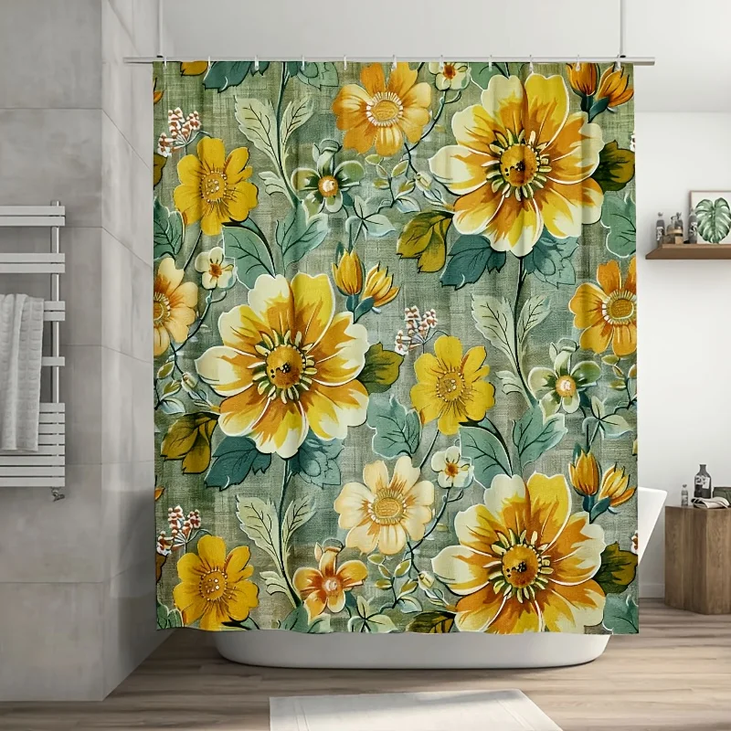 

Beautiful Yellow Floral Botanical Shower Curtain Waterproof Bathroom Linens Design 180x180cm Tropical Flower Print Decor