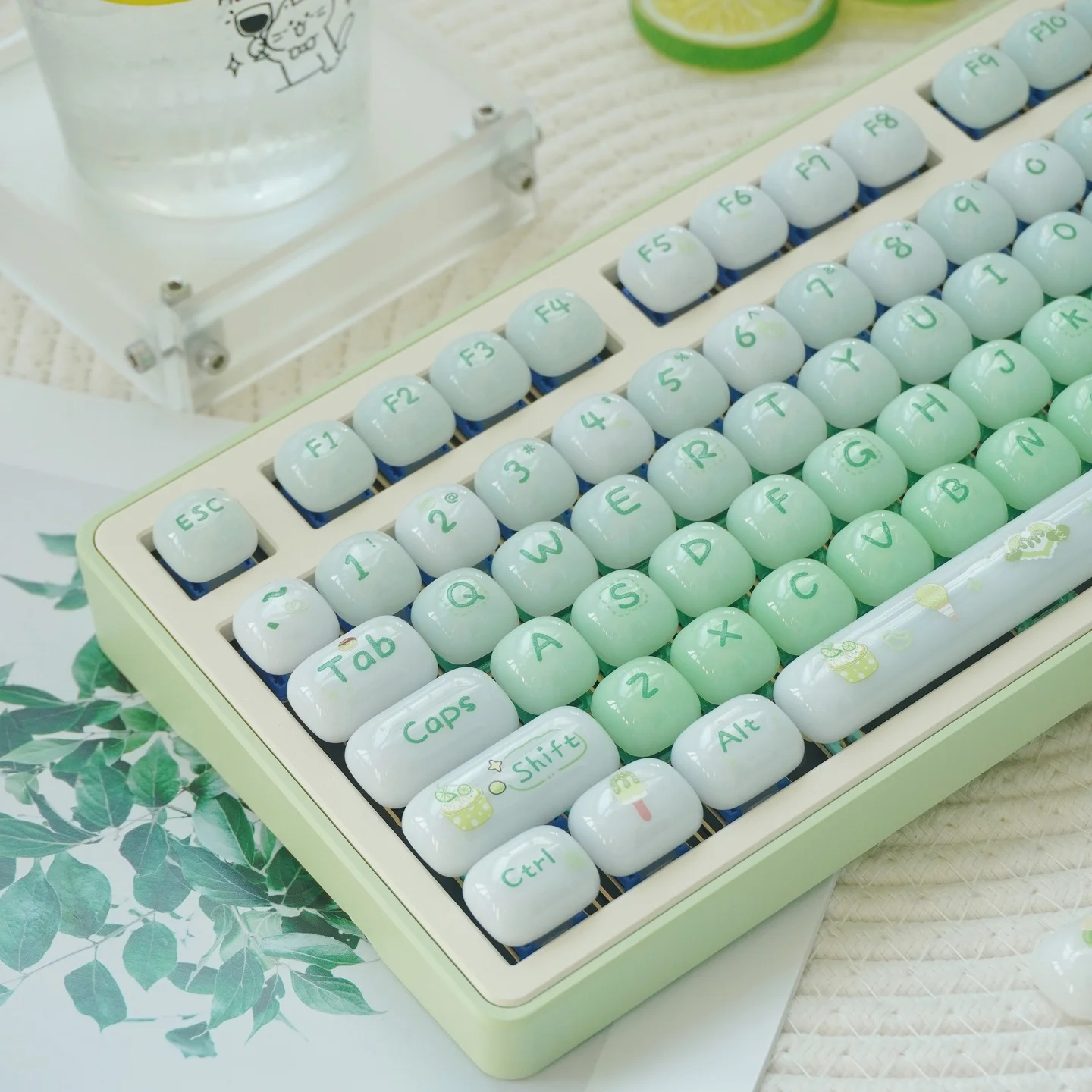 URE Dessert House Jelly Glossy PC Keycaps Gradient Green MOG Profile Cute Jade Ceramic Texture Keycaps For Mechanical Keyboard