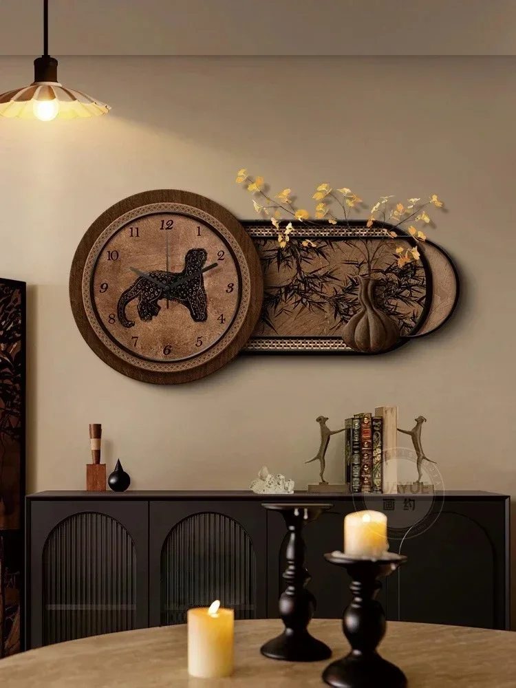A Medieval restaurant with clock decoration painting three-dimensional sandstone living room wall clock mural