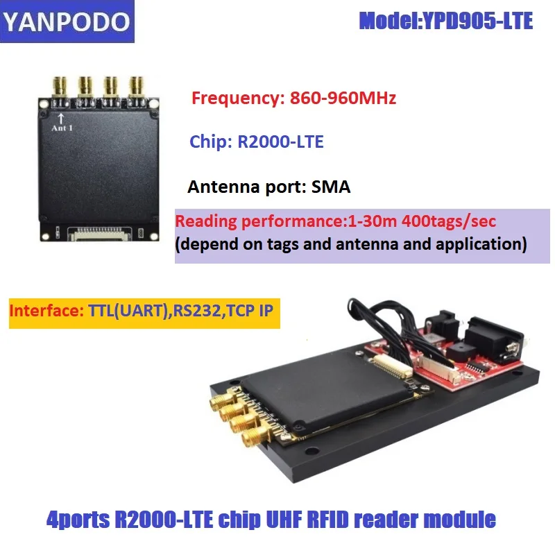 YANPODO Czytnik RFID UHF 4-portowy moduł daleki zasięg 1-30 m Złącze RS232 TCP/IP Multi-tag Czytnik 400 tagów dla wbudowanego systemu