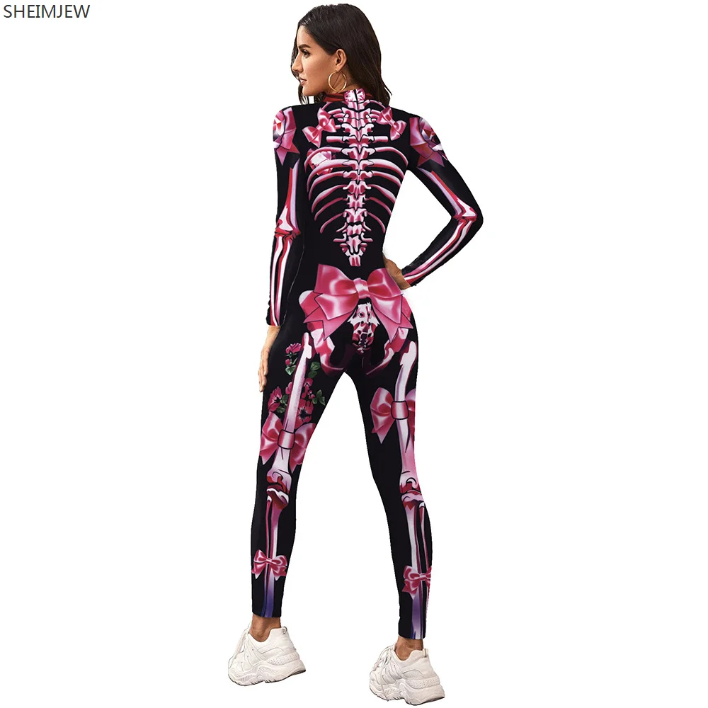 Women Sexy Skull Print Jumpsuit Halloween Adult Long-sleeved Bow Skull Bodysuit Holiday Party Stretch Catsuit Rave Outfits New