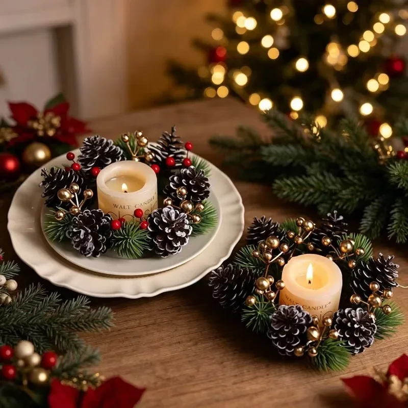 Christmas Decor Mini Wreath Candle Holder Garland Tabletop Ornament Holiday Dining Table Party Layout Decoration Supply